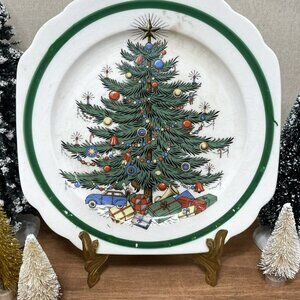 Plummer New York Christmas Tree Square Salad Plate Stained Crazed 1930s